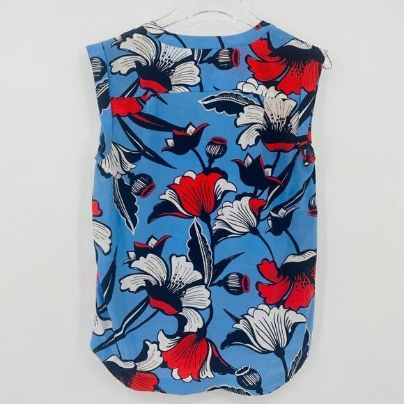 J. Crew Size 2 Blue Sleeveless Silk Popover Shirt in Deco Floral Blouse Top - Picture 7 of 9